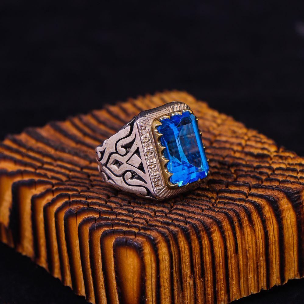 انگشتر توپاز آبی مردانه کد 51