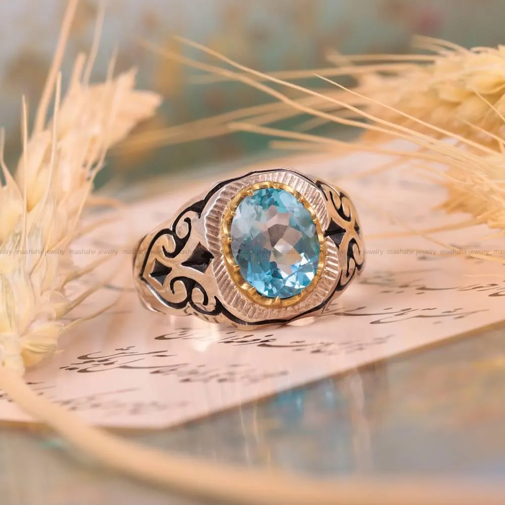 انگشتر توپاز آبی مردانه