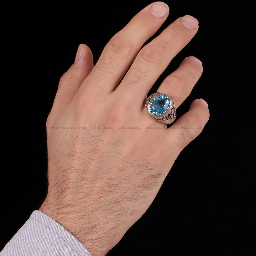 انگشتر توپاز آبی مردانه کد 864