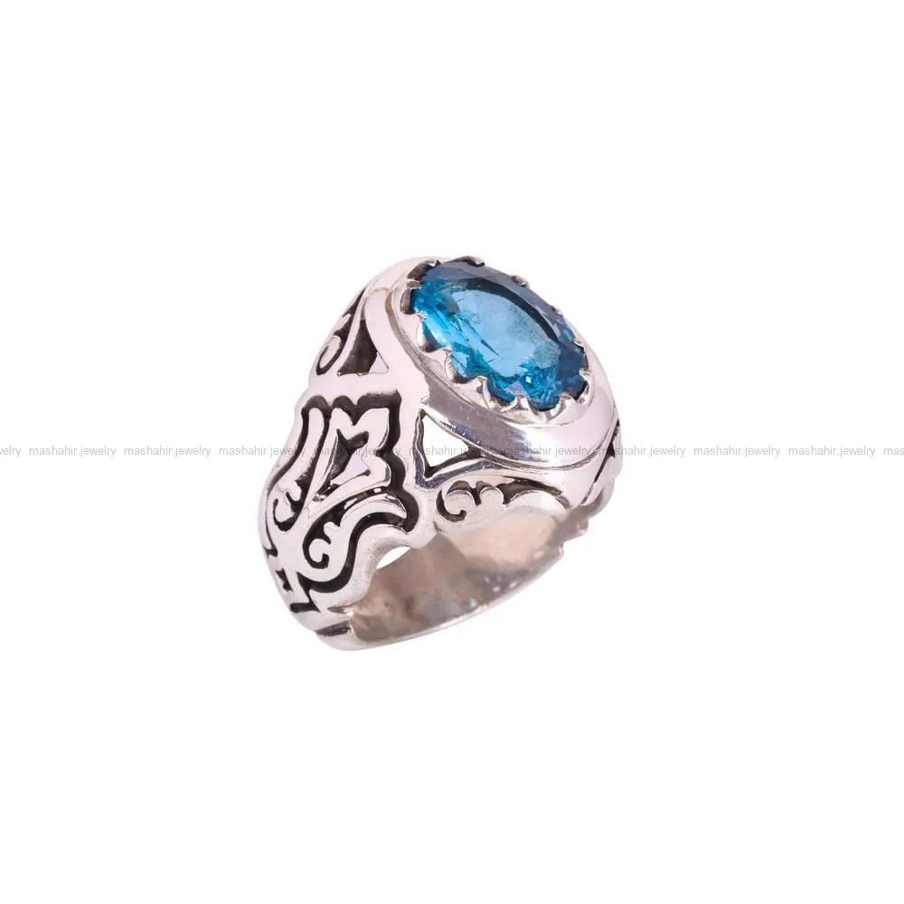 انگشتر توپاز آبی مردانه کد 4670