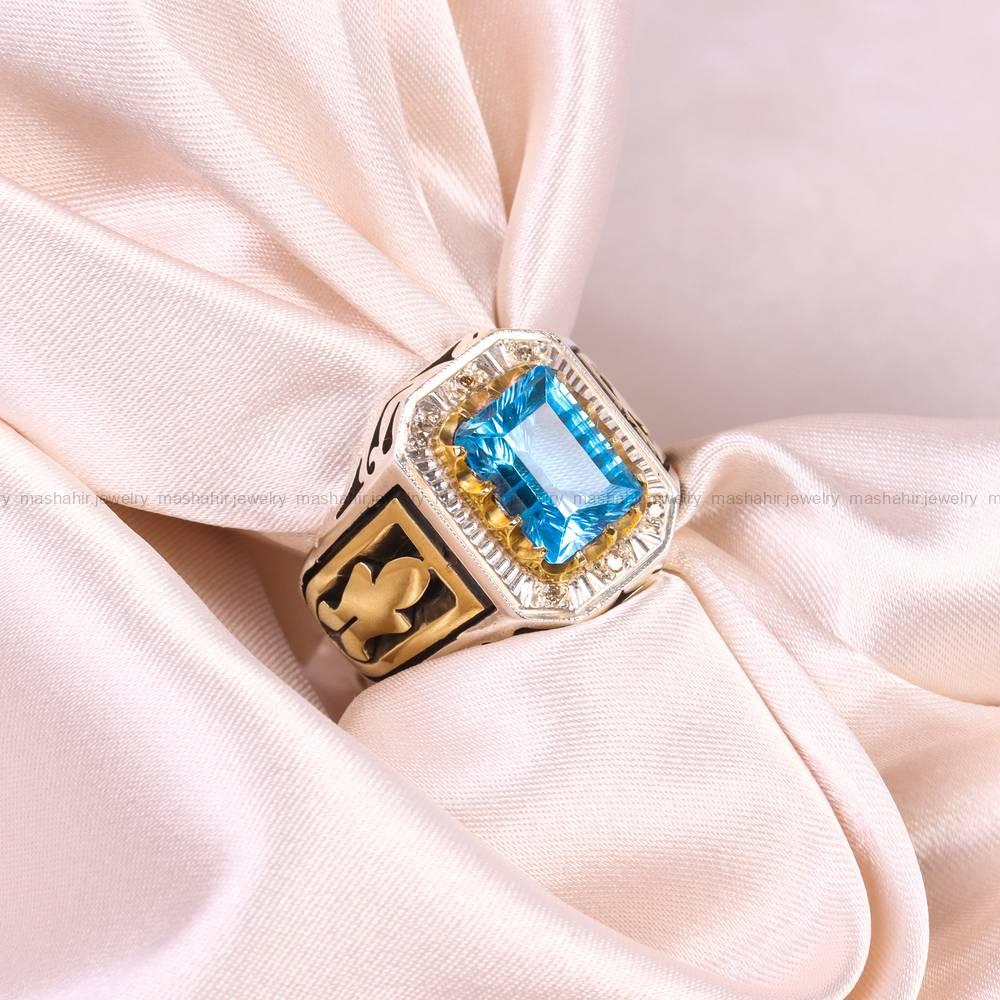 انگشتر توپاز آبی مردانه کد 5458