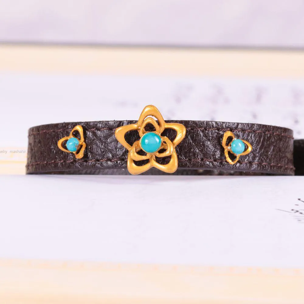 دستبند چرم فیروزه زنانه کد 2439