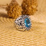 انگشتر توپاز آبی مردانه کد 3461