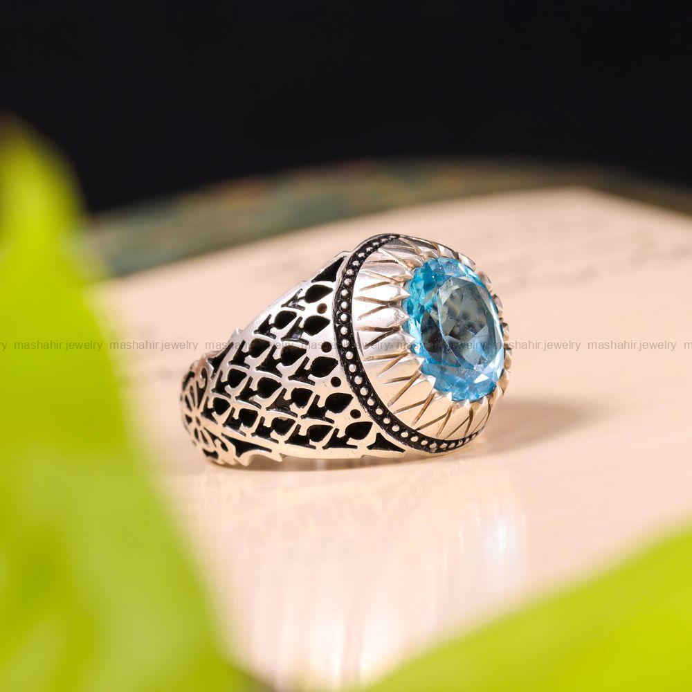 انگشتر توپاز آبی مردانه کد 3687