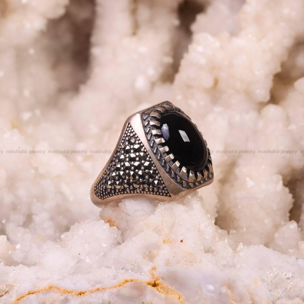 انگشتر عقیق مشکی مردانه کد 6250