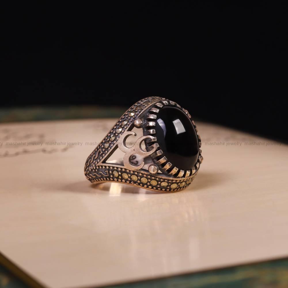 انگشتر عقیق مشکی مردانه کد 6260