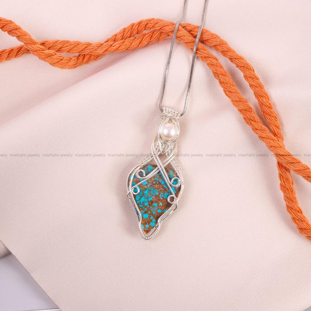 گردنبند فیروزه دست بافت زنانه کد 6923