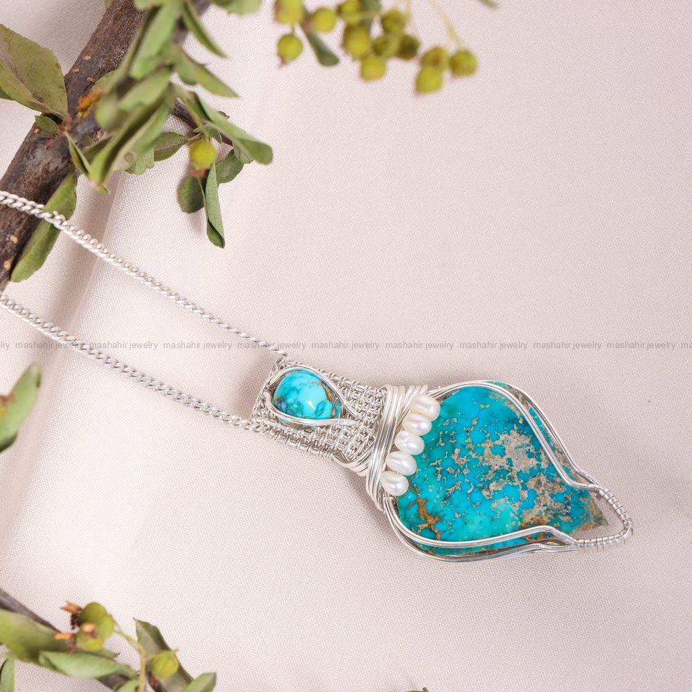 گردنبند فیروزه دست بافت زنانه کد 11312