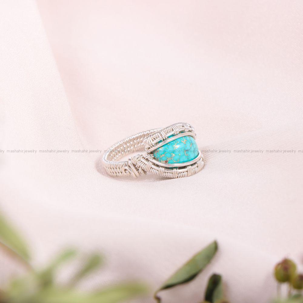 انگشتر فیروزه دست بافت زنانه کد 11342
