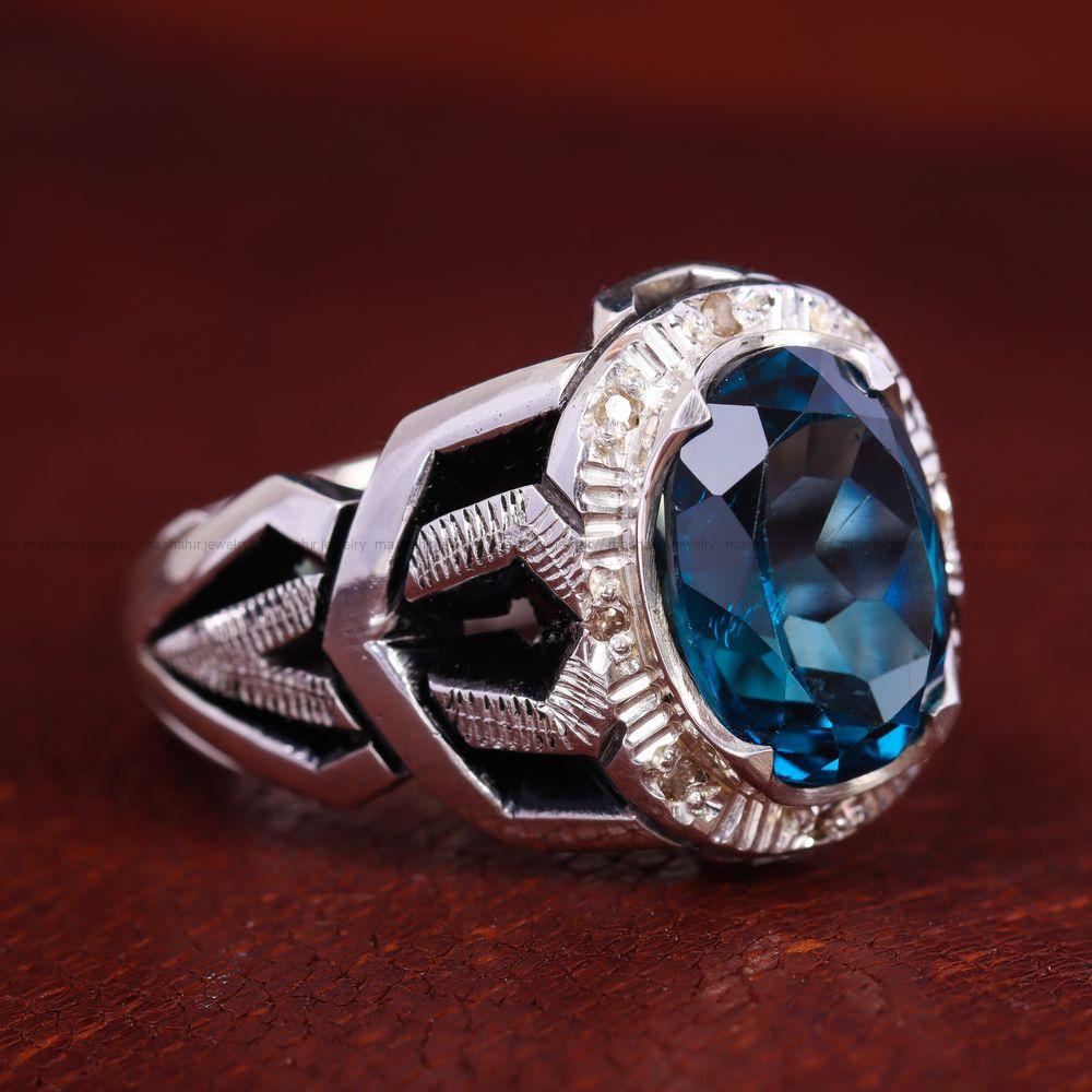 انگشتر توپاز آبی مردانه کد 12729