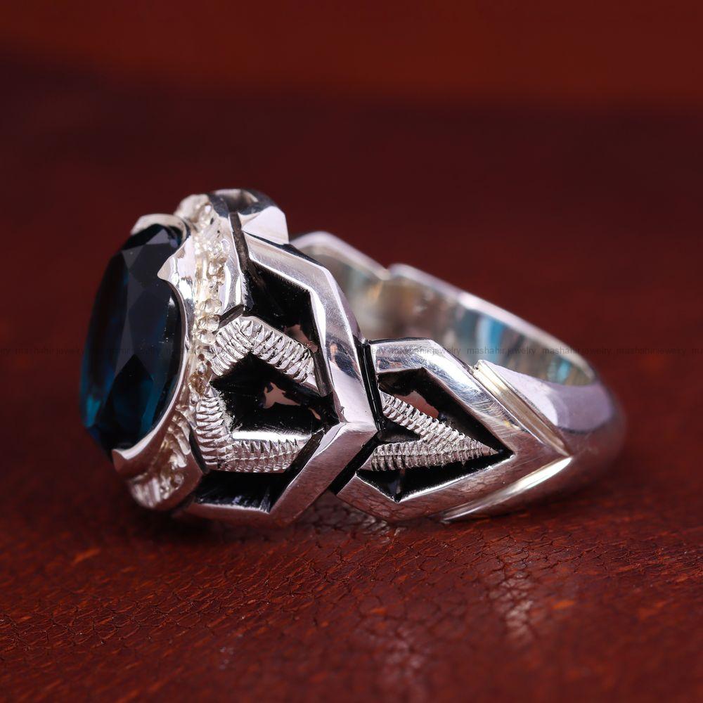 انگشتر توپاز آبی مردانه کد 12729