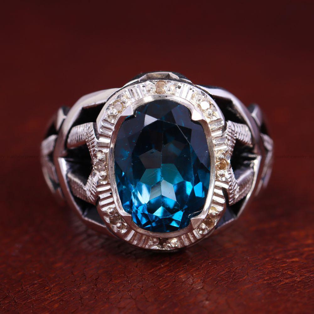 انگشتر توپاز آبی مردانه کد 12729