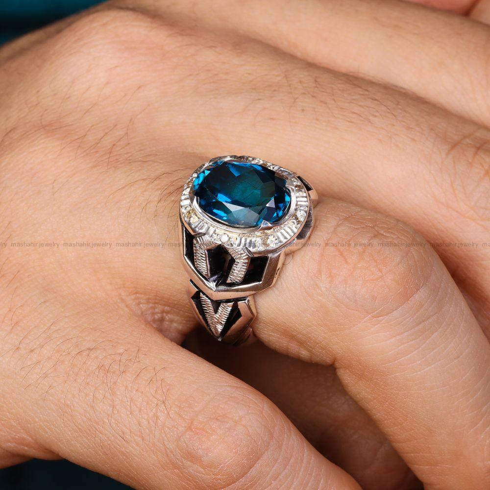 انگشتر توپاز آبی مردانه کد 12729