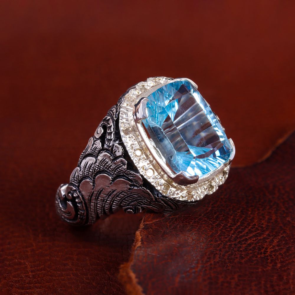 انگشتر توپاز آبی مردانه کد 14321