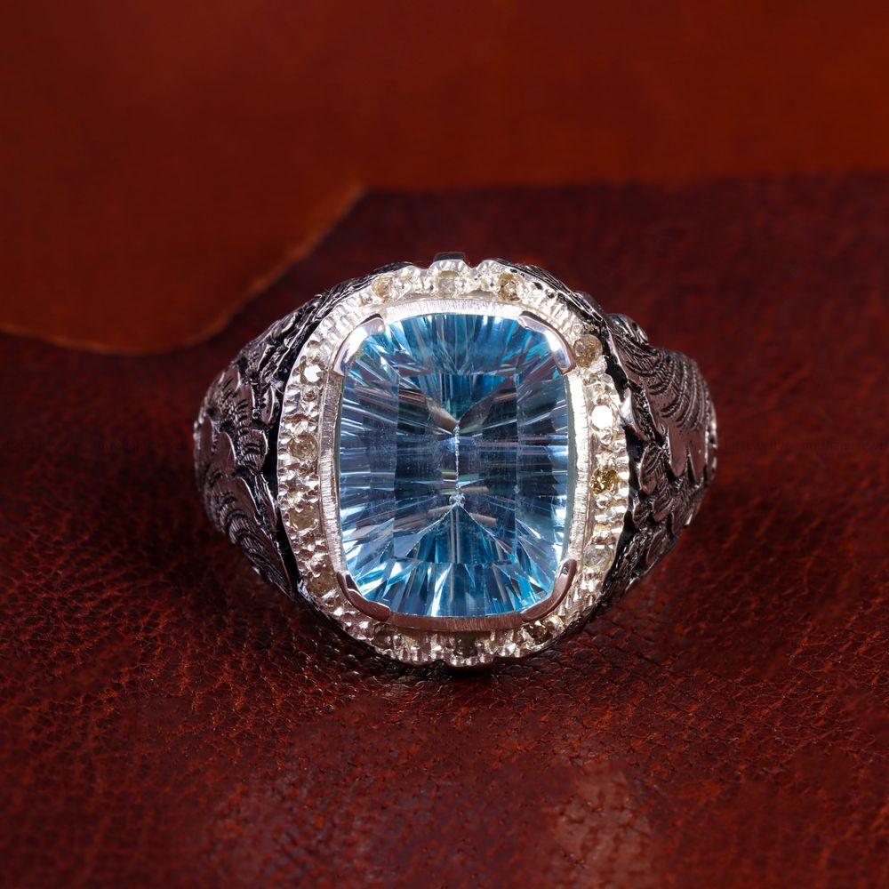 انگشتر توپاز آبی مردانه کد 14321