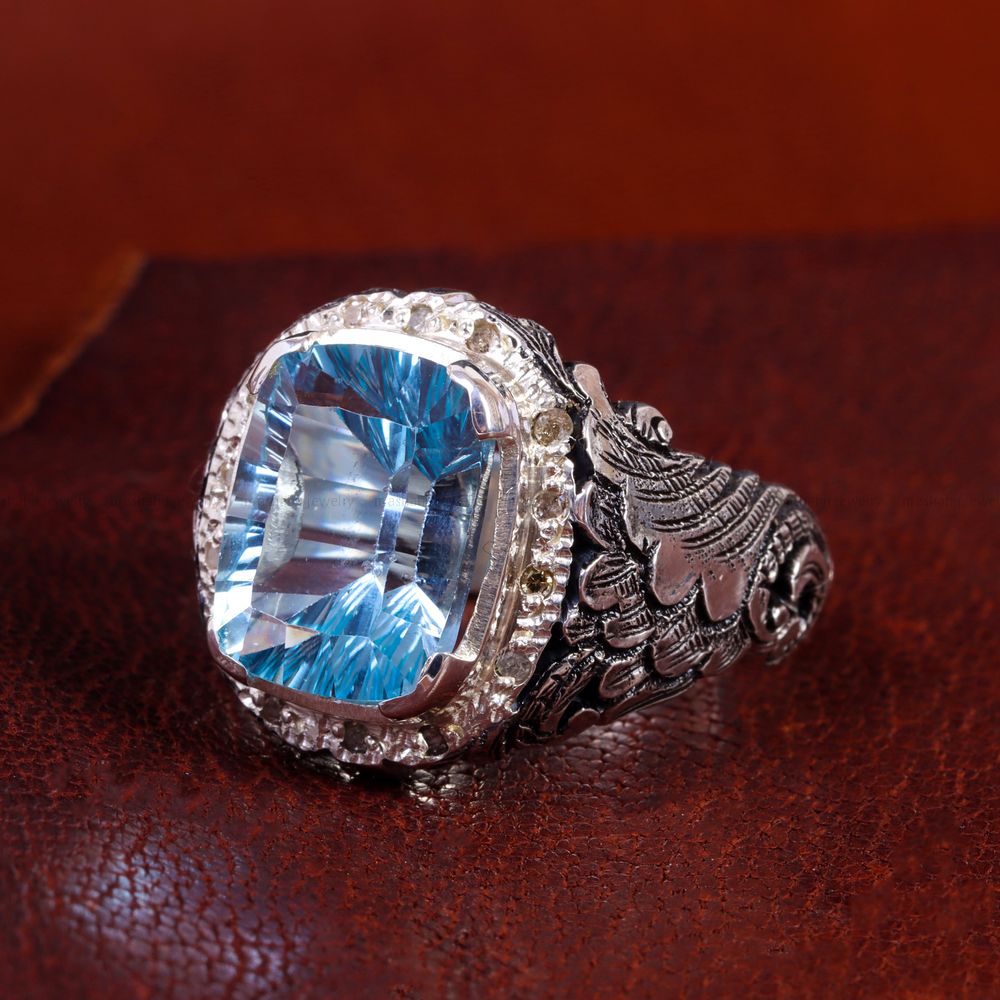 انگشتر توپاز آبی مردانه کد 14321