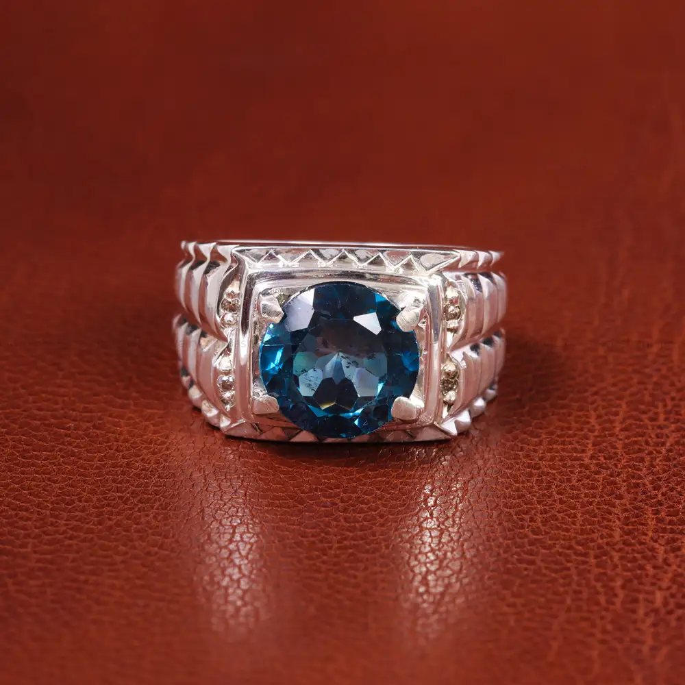 انگشتر توپاز آبی مردانه کد 19868