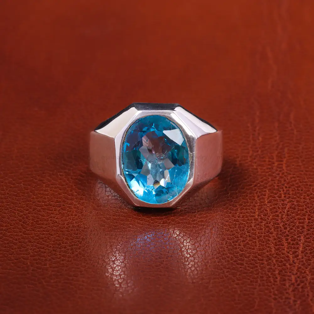 انگشتر توپاز آبی مردانه کد 20470