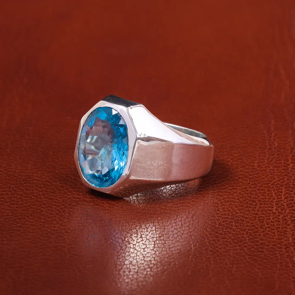 انگشتر توپاز آبی مردانه کد 20470