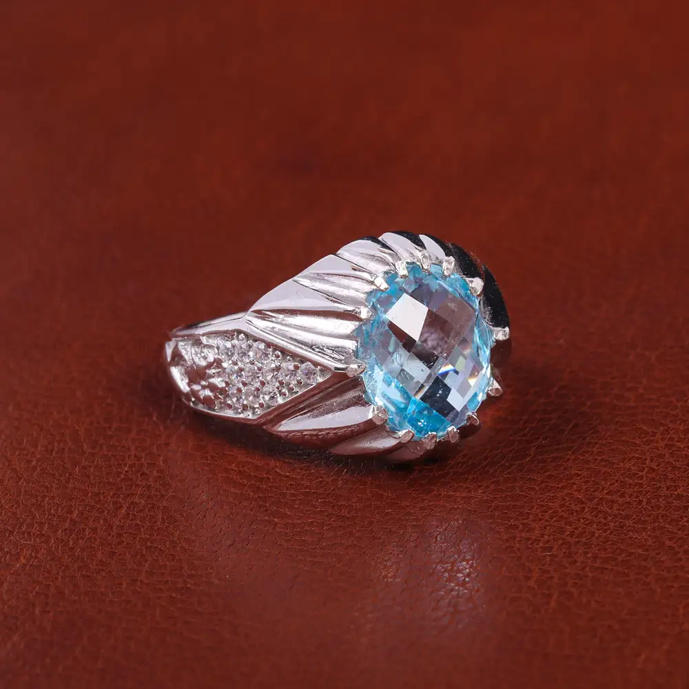 انگشتر توپاز آبی مردانه کد 21957