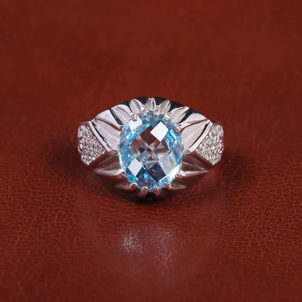 انگشتر توپاز آبی مردانه کد 21957