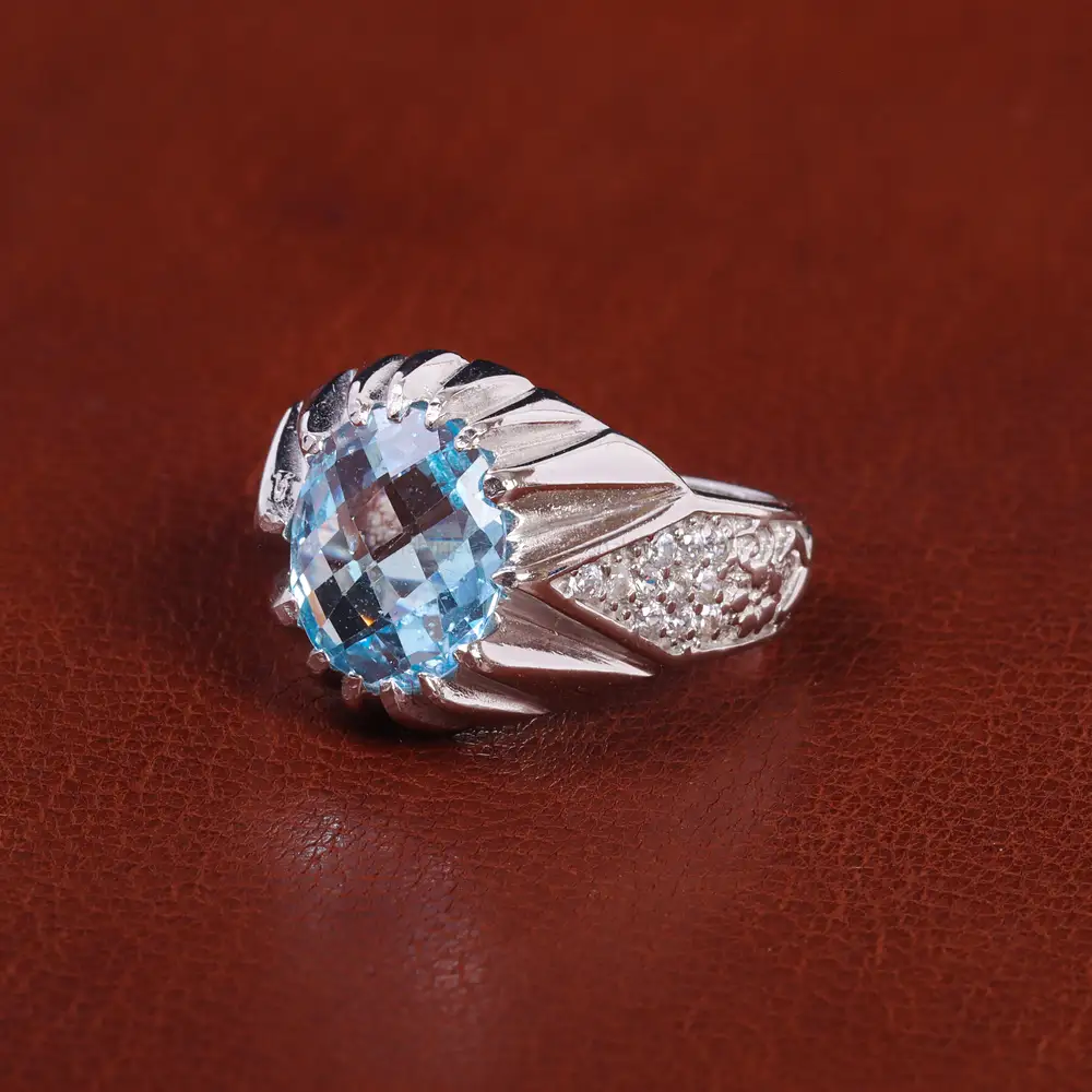 انگشتر توپاز آبی مردانه کد 21957