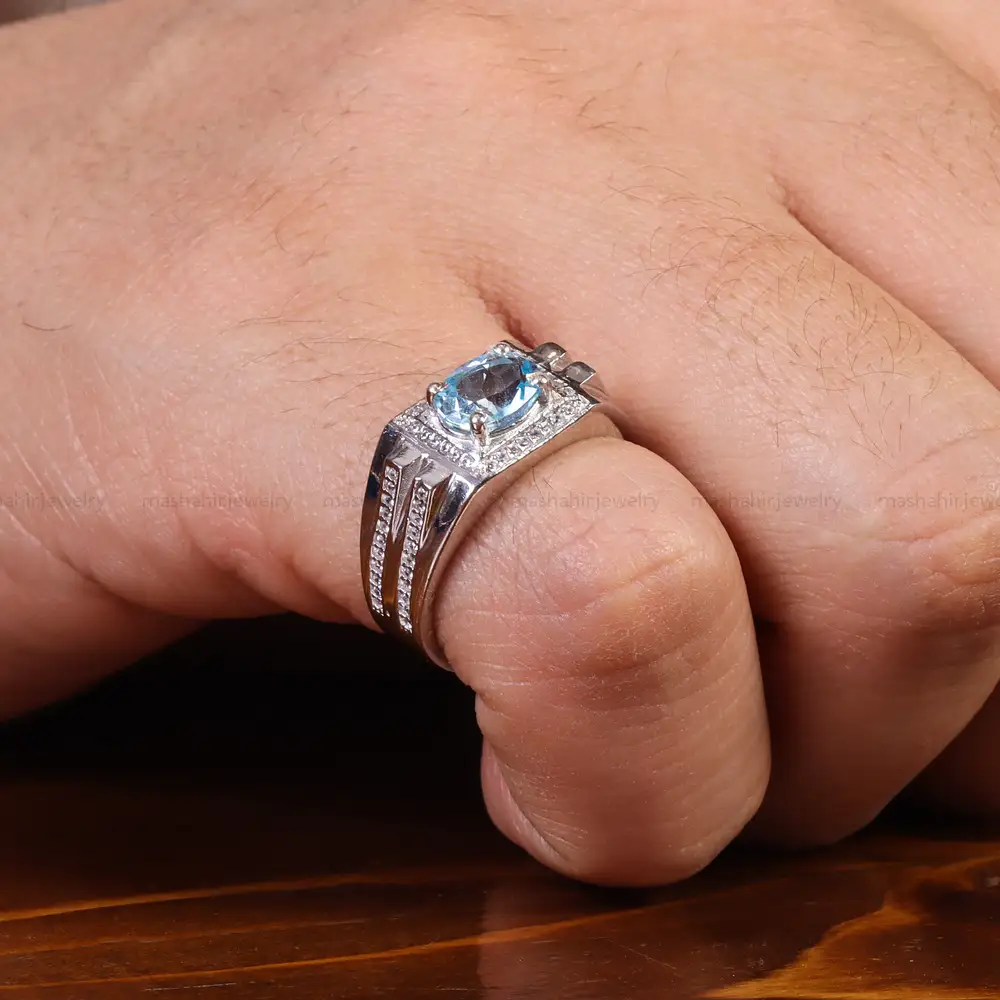 انگشتر توپاز آبی مردانه کد 22362