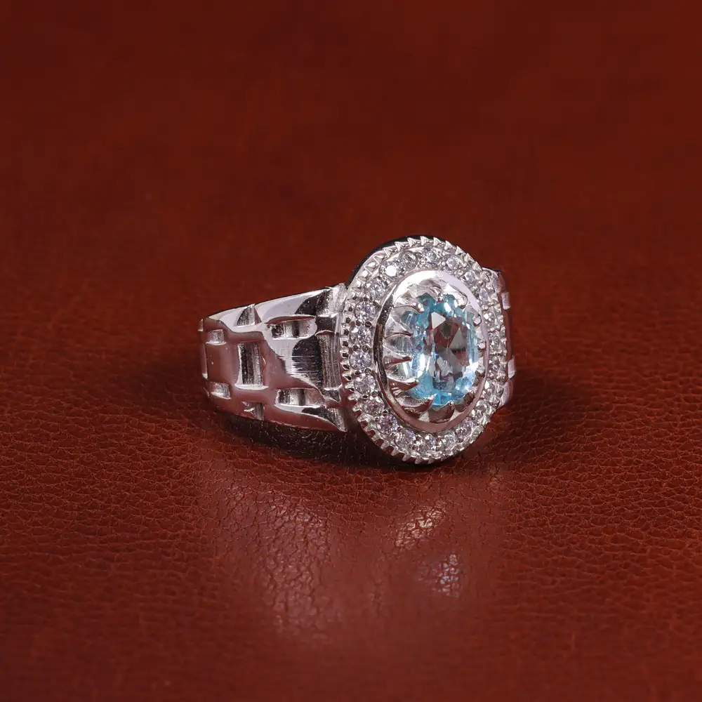 انگشتر توپاز آبی مردانه کد 23698