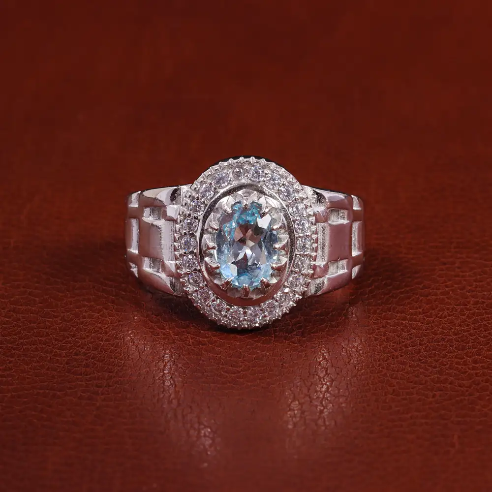 انگشتر توپاز آبی مردانه کد 23698