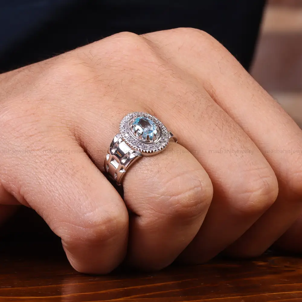 انگشتر توپاز آبی مردانه کد 23698