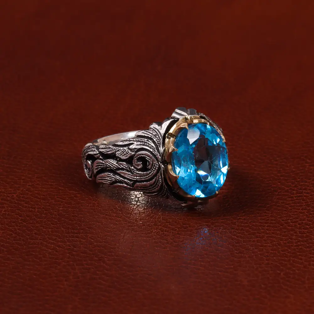 انگشتر توپاز آبی مردانه کد 24394