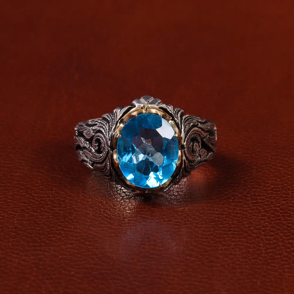 انگشتر توپاز آبی مردانه کد 24394