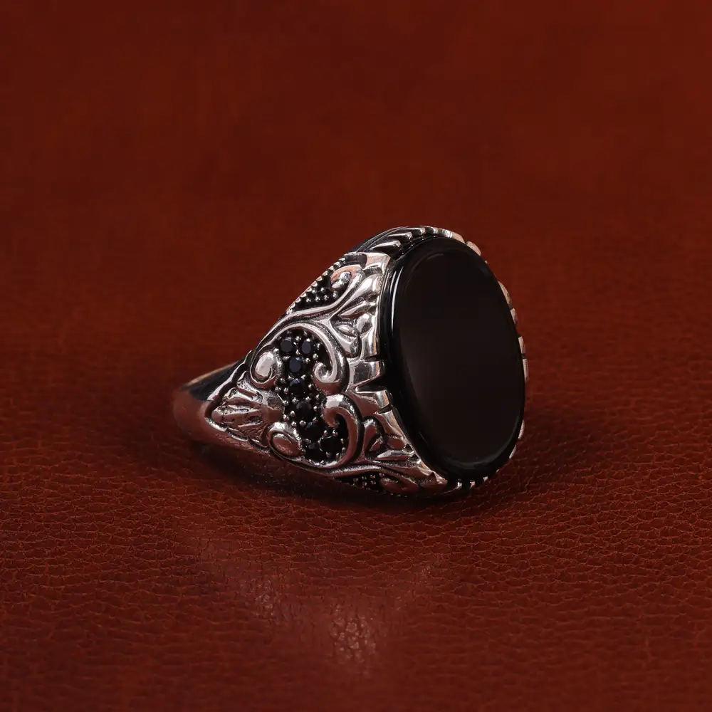 انگشتر عقیق مشکی مردانه کد 24997