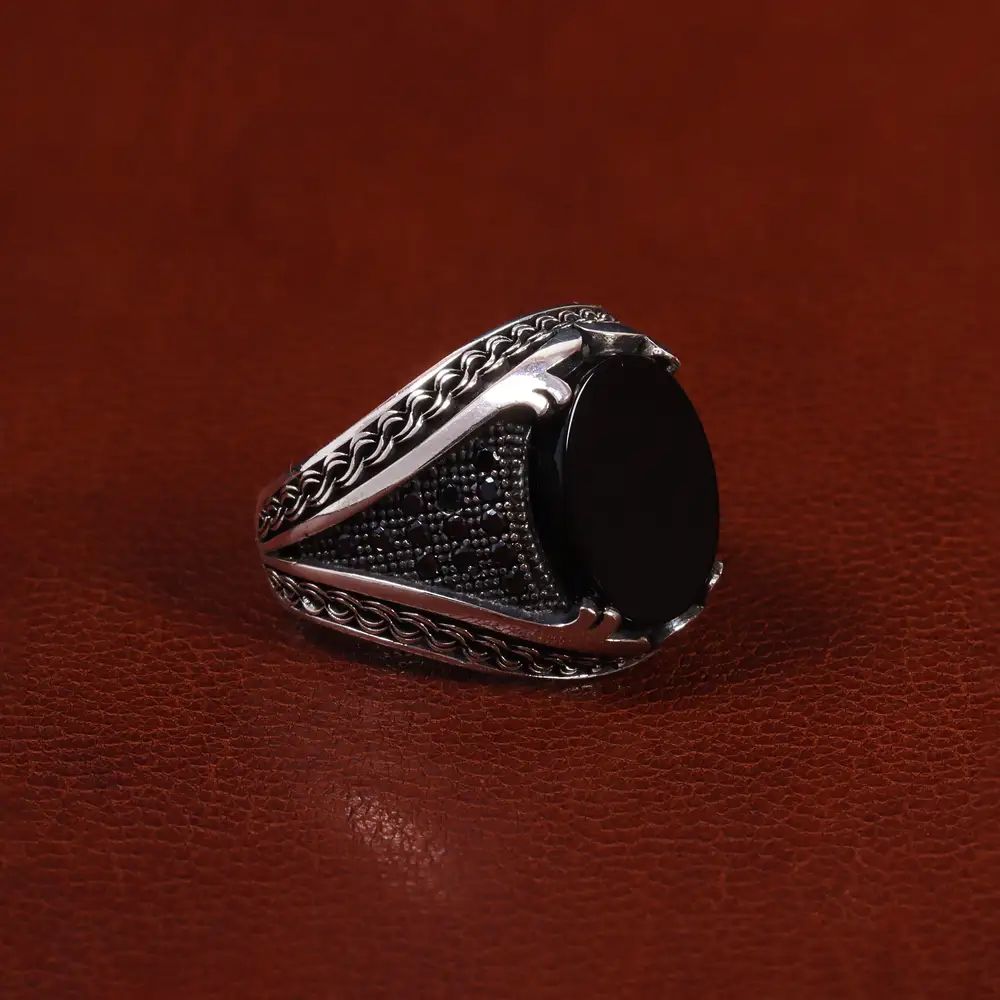 انگشتر عقیق مشکی مردانه کد 25002