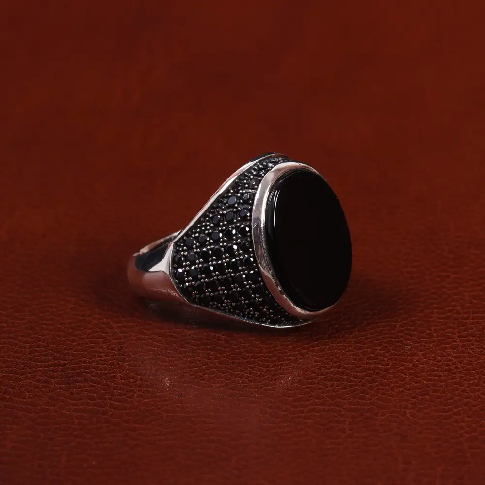 انگشتر عقیق مشکی مردانه کد 25006