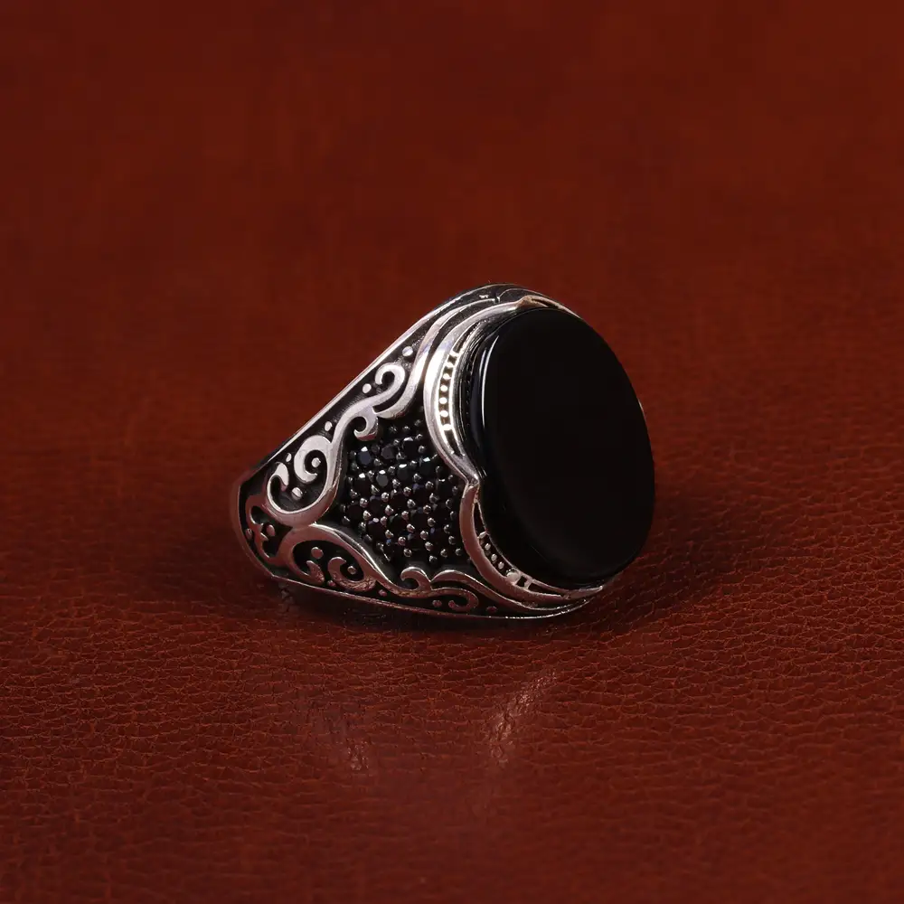 انگشتر عقیق مشکی مردانه کد 25007