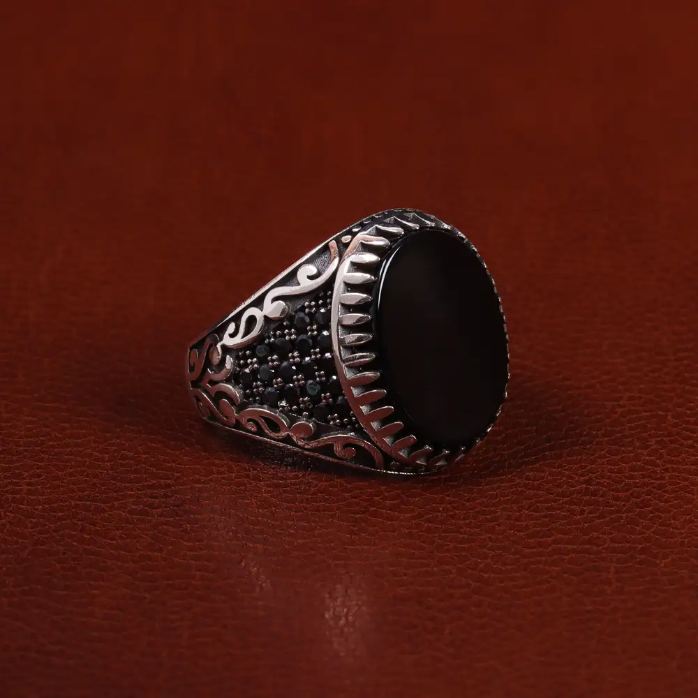 انگشتر عقیق مشکی مردانه کد 25012