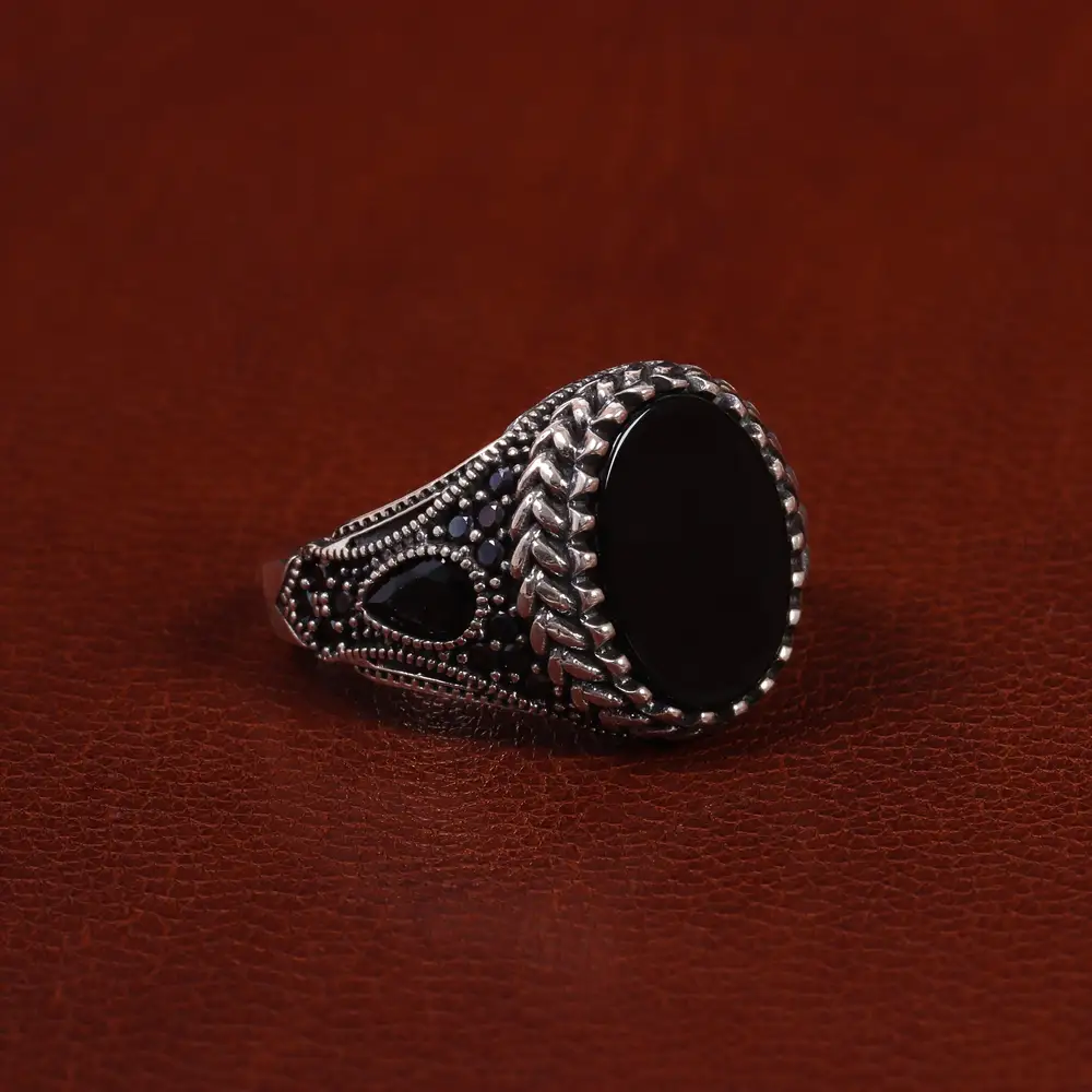 انگشتر عقیق مشکی مردانه کد 25015