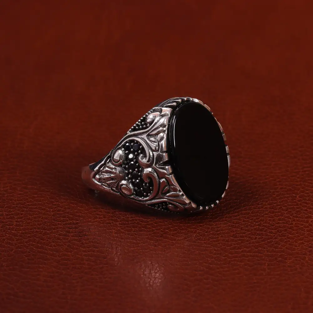 انگشتر عقیق مشکی مردانه کد 25016