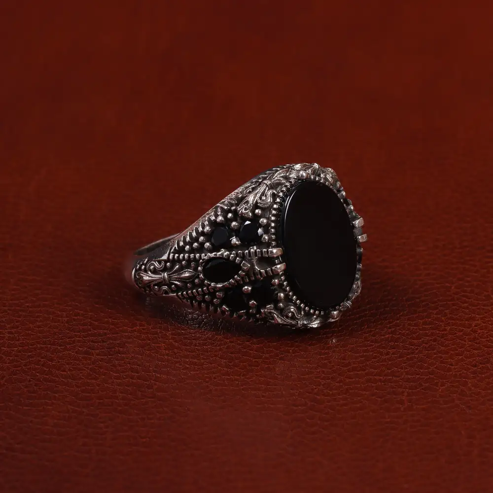 انگشتر عقیق مشکی مردانه کد 25023