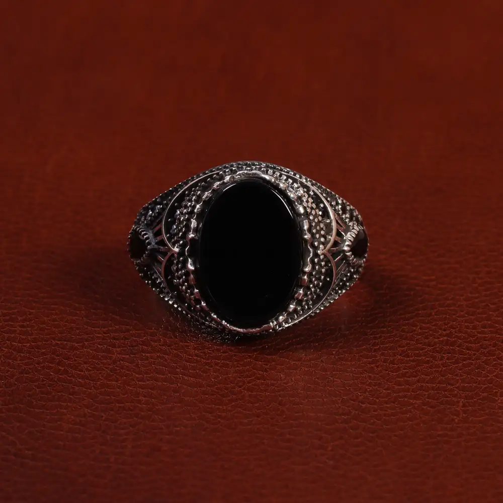 انگشتر عقیق مشکی مردانه کد 24994