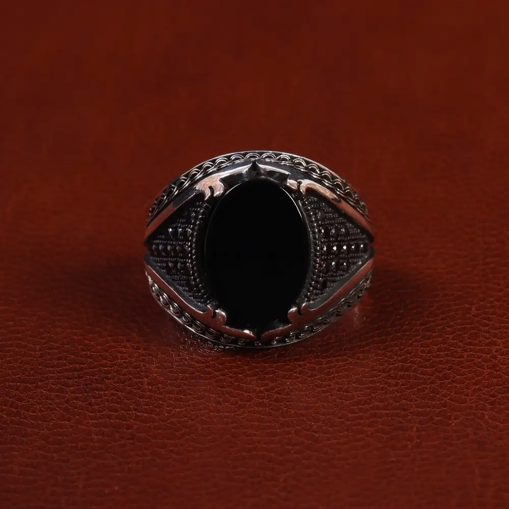 انگشتر عقیق مشکی مردانه کد 25002
