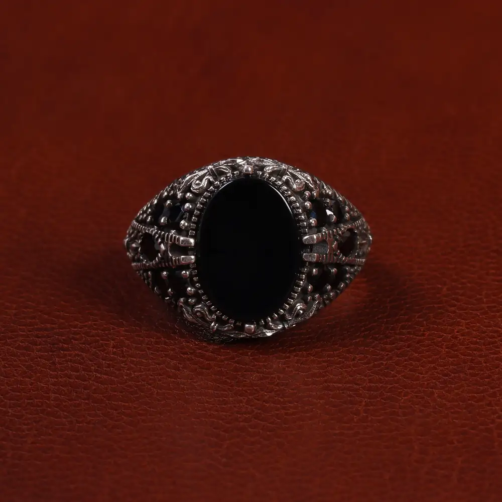 انگشتر عقیق مشکی مردانه کد 25023