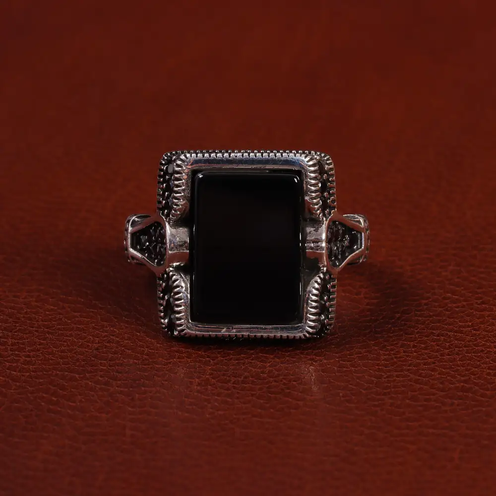 انگشتر عقیق مشکی مردانه کد 25032