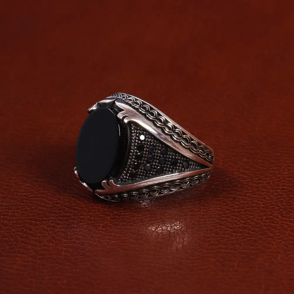 انگشتر عقیق مشکی مردانه کد 25002