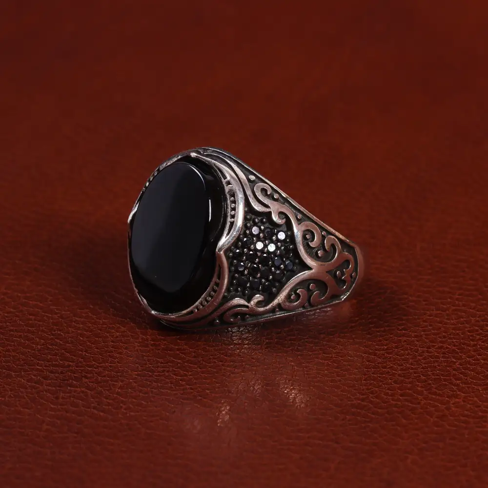 انگشتر عقیق مشکی مردانه کد 25005