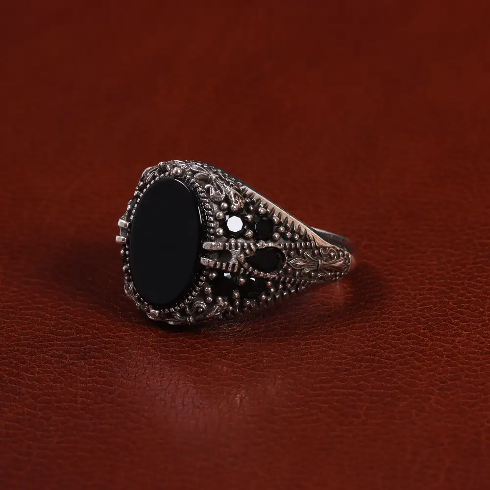 انگشتر عقیق مشکی مردانه کد 25023