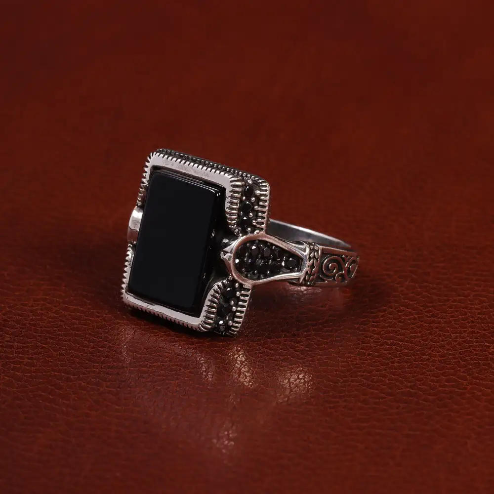 انگشتر عقیق مشکی مردانه کد 25032