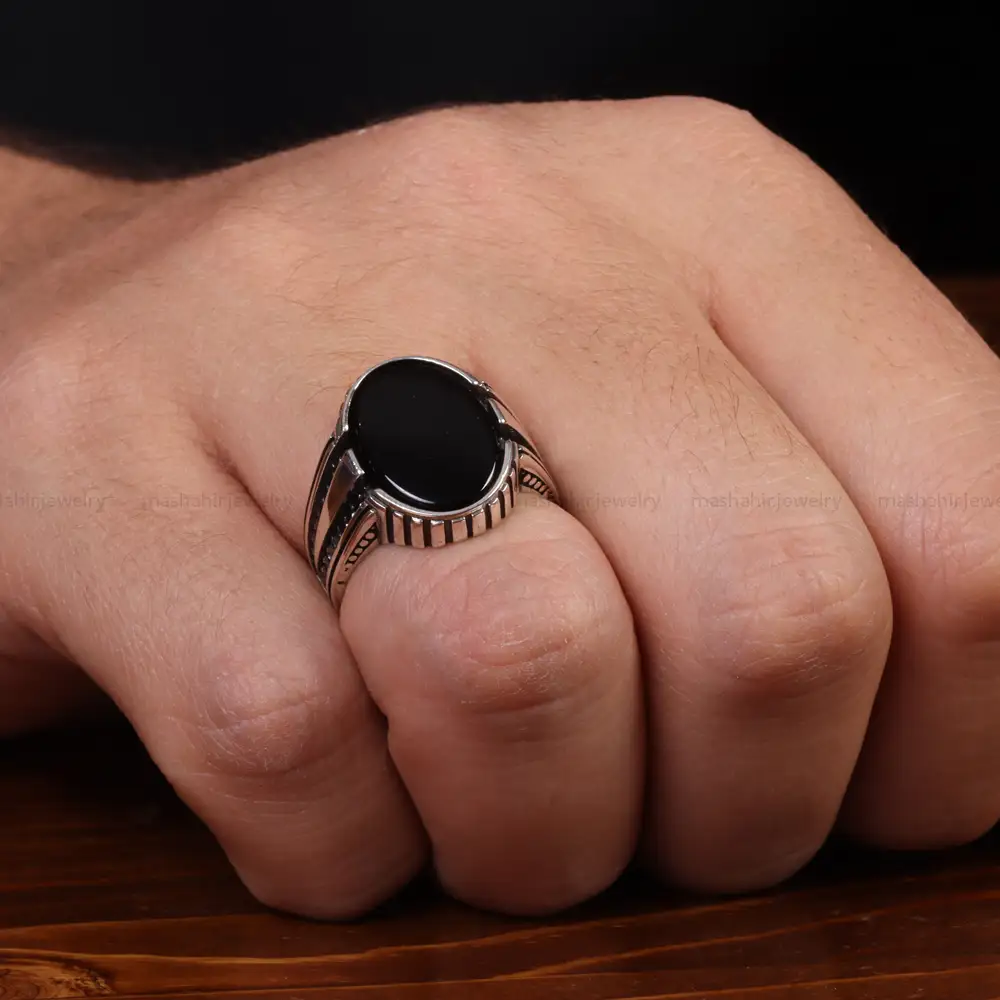 انگشتر عقیق مشکی مردانه کد 24992