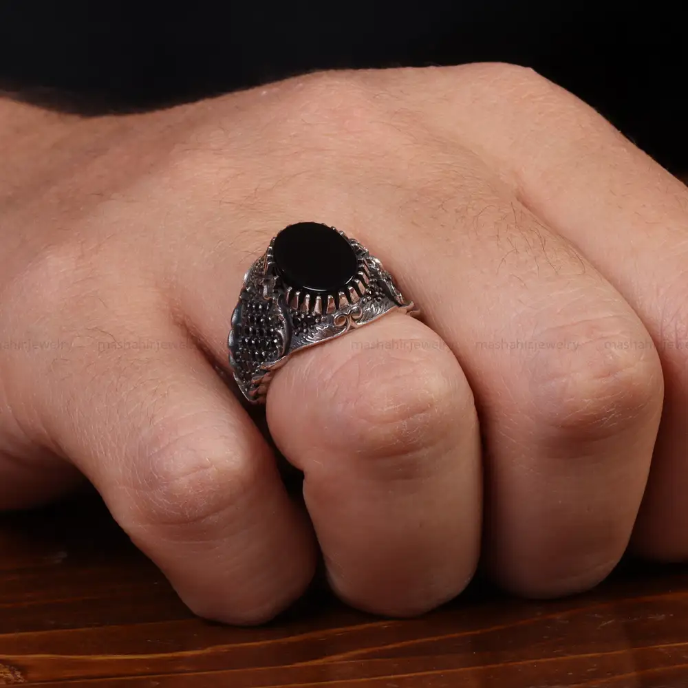 انگشتر عقیق مشکی مردانه کد 24993